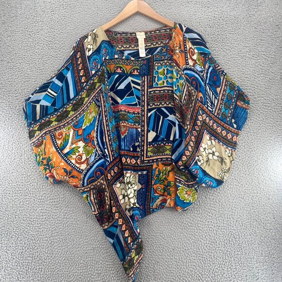 Chicos Top Womens Large Blue Multi Pattern Asymmetric 3/4 Dolman Sleeve Slouchy - Picture 1 of 11
